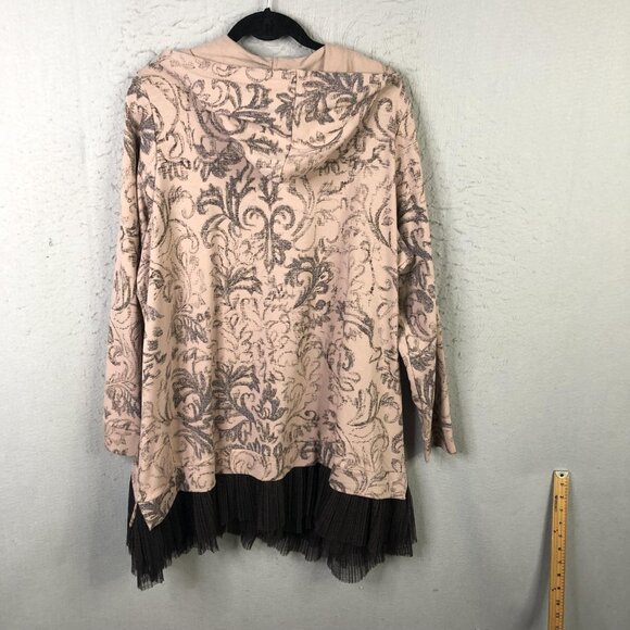 LOGO Lounge Hoodie Womens 2XL Pink Gray Damask Zip Front Pleated Mesh Hem Tunic - Picture 2 of 16